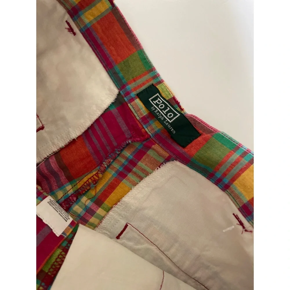 VTG Polo Ralph Lauren Tyler Madras Plaid Shorts Multi Pleated Cotton 18 Prep/29